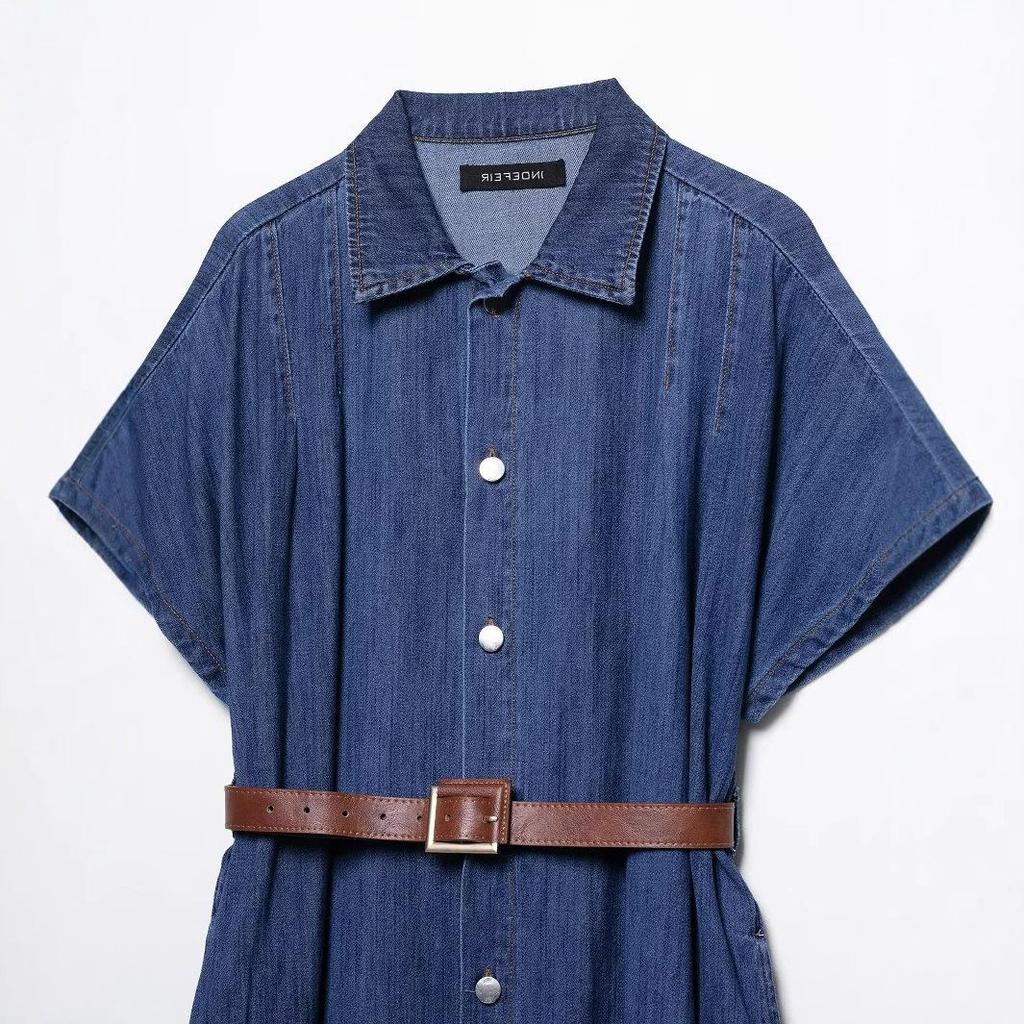 TAOP&ZA Summer Women's Elegant Midi Denim Belted Dress