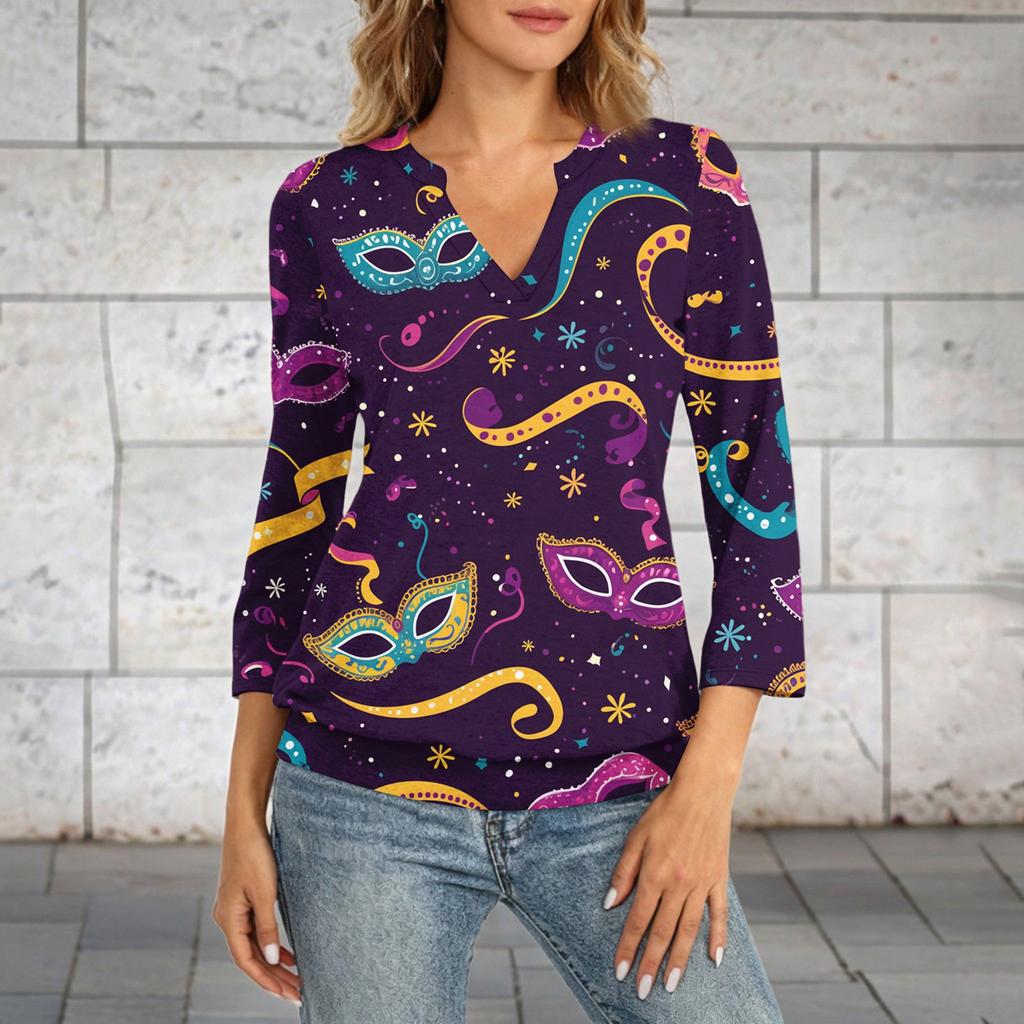 Women's 3/4 Sleeve Top With Cuffed Hem, V-Neck, Summer Casual -Shirt, Carnival Printed Top