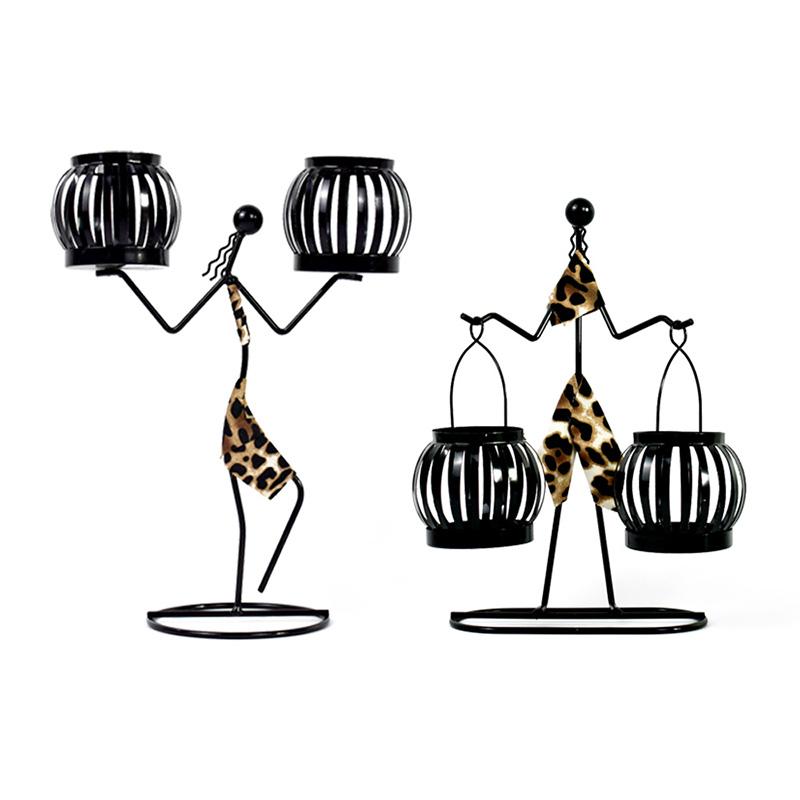 1PC Double Lantern Home Decor Leopard Print Person Abstract Character Sculpture Creative Metal Candlestick Candle Holder