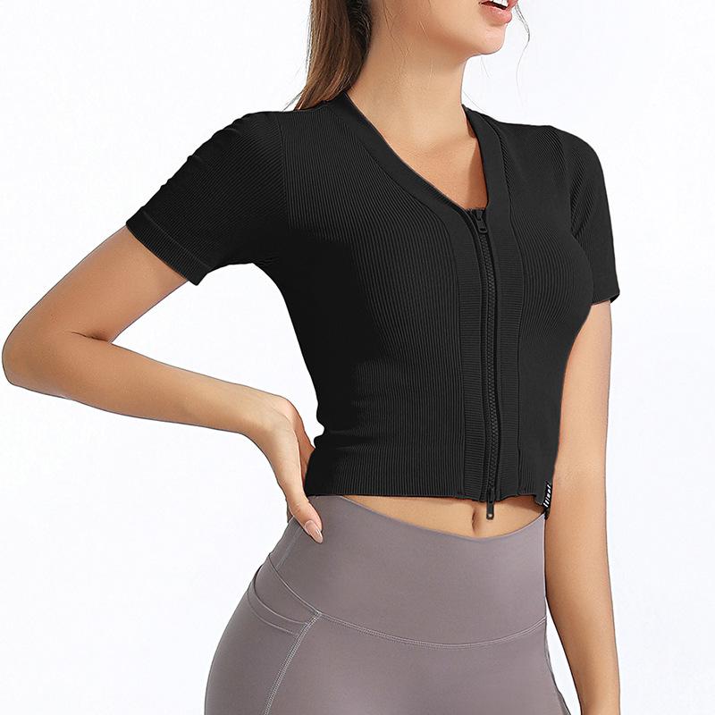 

Женский спортивный топ с коротким рукавом и передней молнией для фитнеса, бега, пилатеса, йоги Large чёрный