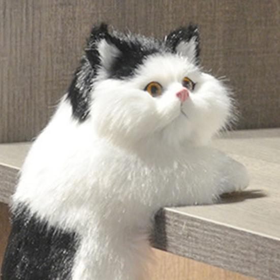 Simulation Furry Cat Ornament Plush Animal Figurine Realistic Fluffy Kitten Model Hanging Cat Decoration for Home TV Stand Shelf Decor