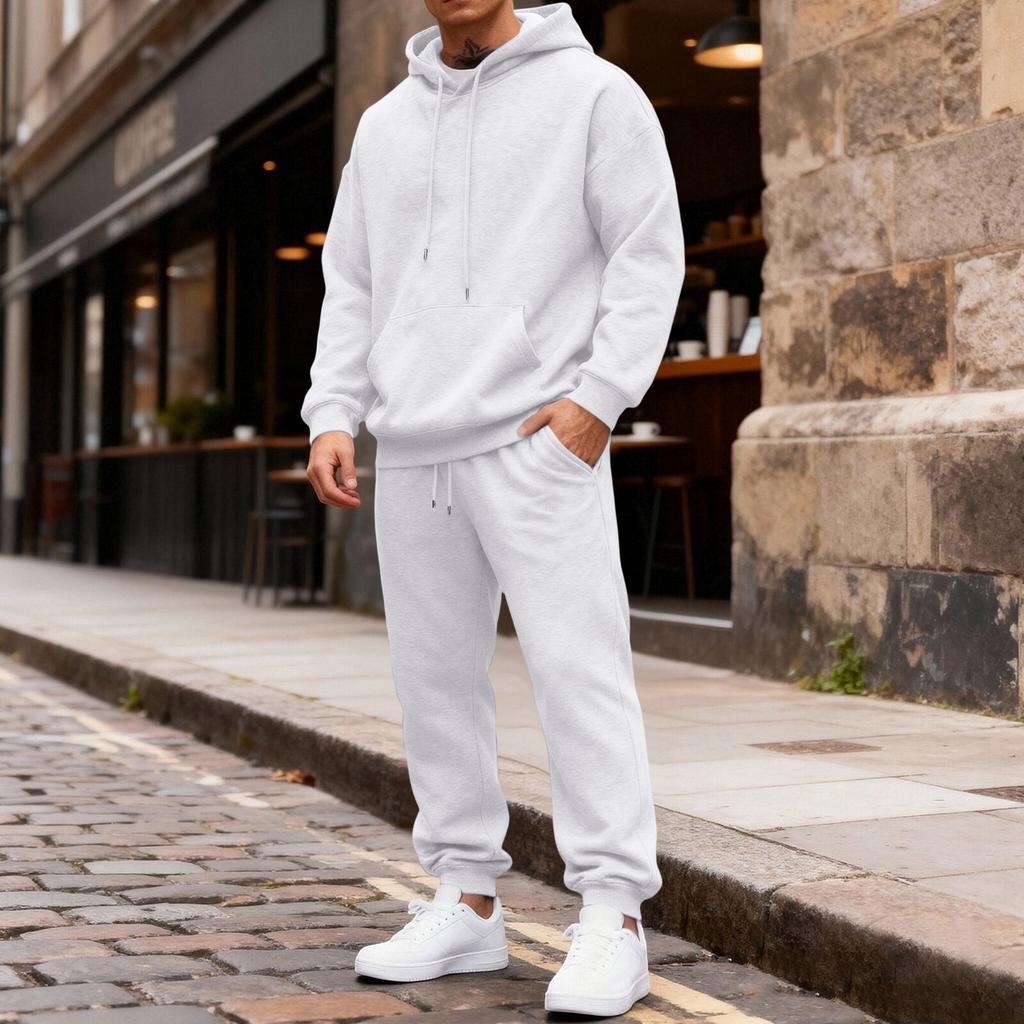 Men's Color Hoodie and Jogger Pants Set with Elastic Waist and Cuffed Ankles for Casual Wear