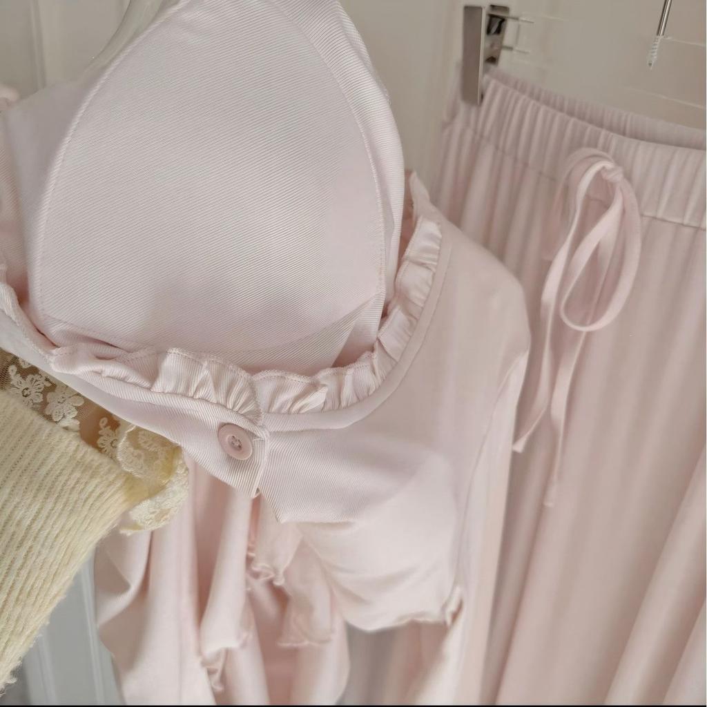 Pajamas with chest pads women's summer pure pink pants long sleeves long loose large size lace imitation cotton round neck loungewear set