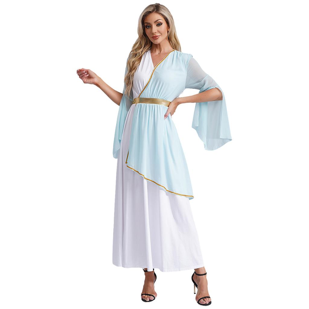 Womens Greek Costume Roman Queen Princess Ancient Toga Gown V Neck Long Sleeve Contrast Fancy Dress