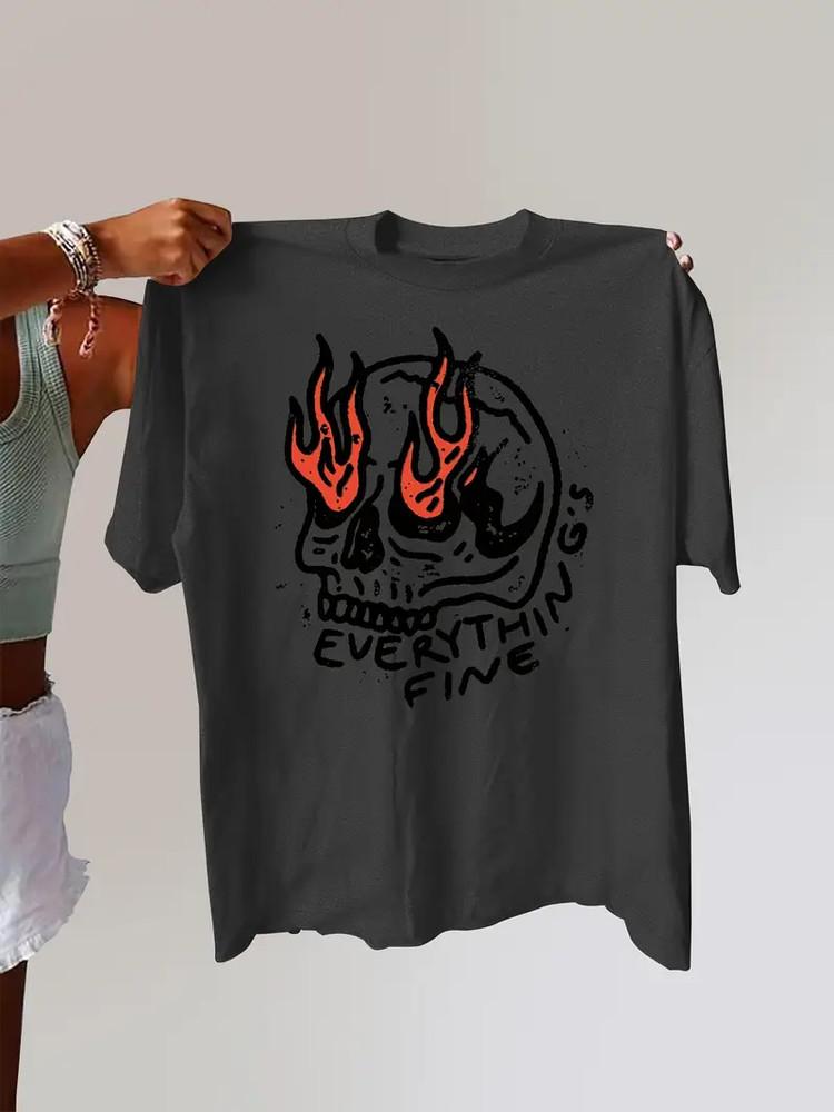 Skull Print T-shirt, Casual Short Sleeve Unisex T Shirt New Size S-5XL Unisex T-Shirt L