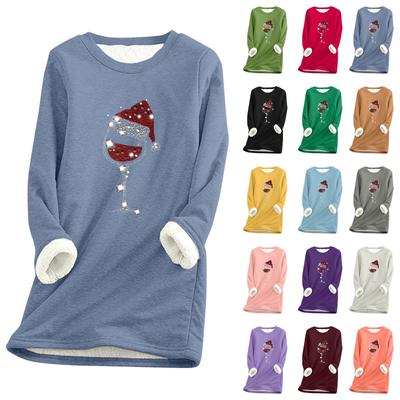 Women's Round Neck Long Sleeve Christmas Print Thickened Plush Cashmere Warm Long Top