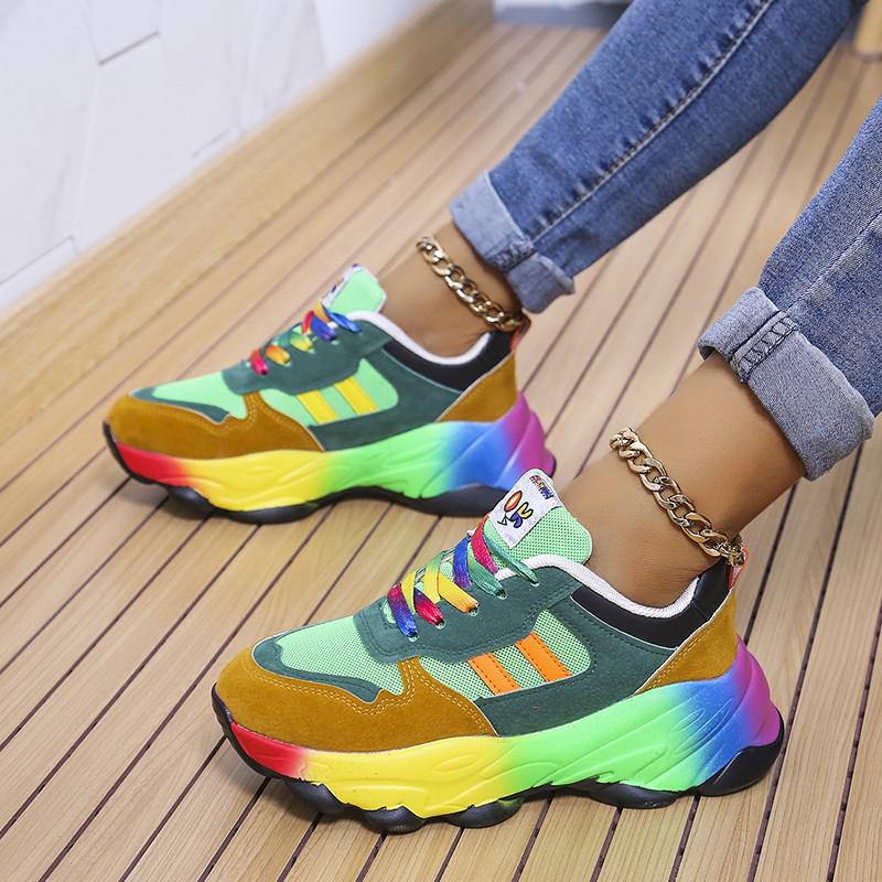 Large Size Women's Lace-Up Breathable Casual Shoes with Rainbow Sole