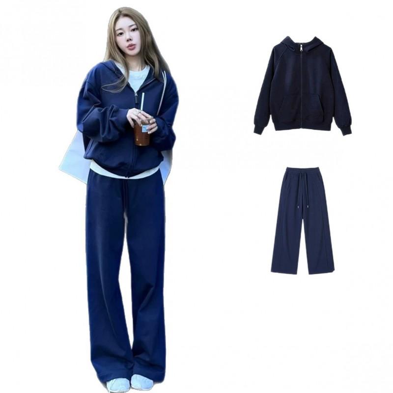 Womens Navy Blue Hooded Sweatshirt Set Casual Korean Style 3-Piece Outfit With Long Sleeve Top Straight Leg Pants Base Layer