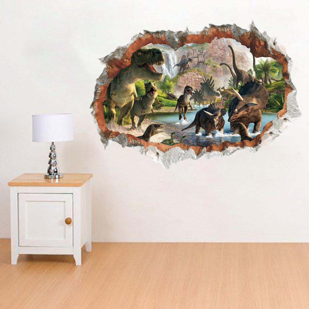 3D Breaking Wall Dinosaur World Wall Mural Sticker for Kids Room Bedroom Eco-Friendly Waterproof Removable