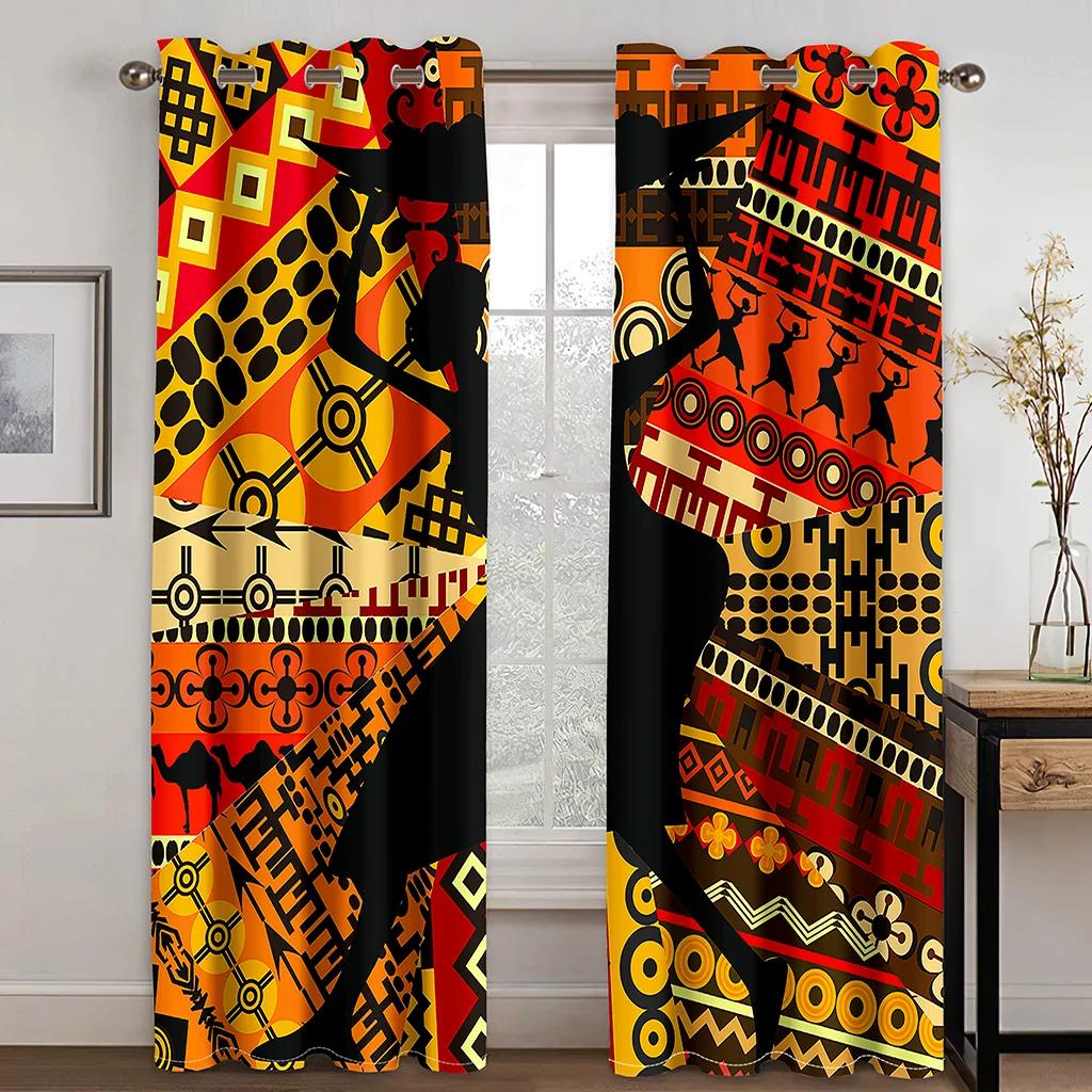 Schwarze Afrikanische Frauen Kunst Abstraktes Design National Lichtfilternde Vorhänge Fenstergardinen für Wohnzimmer Schlafzimmer 2 Stück Dekor