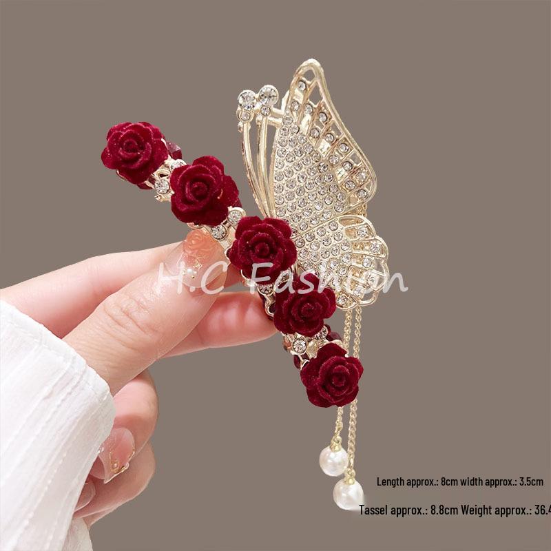 

Retro Burgundy Rose Tassel Hair Clip: Elegant Swaying Shark Clip with Ancient Style