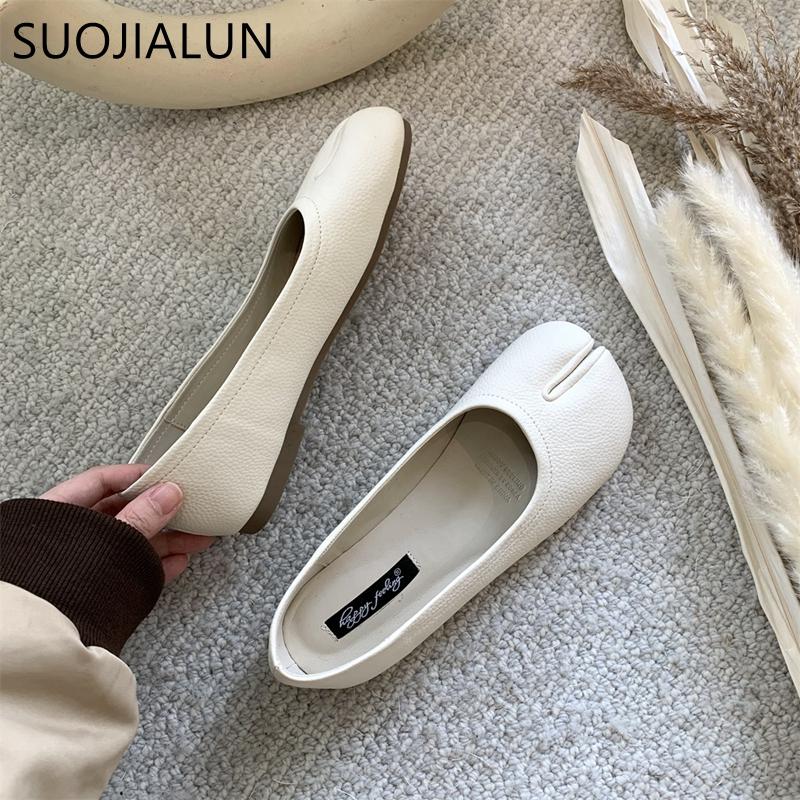 Fashion SUOJIALUN Autumn Women Flat Shoes Fashion Split Toe Flat Heel Casual Laofer Flat Heel Shallow Slip On Ladies Casual Ballerinas S