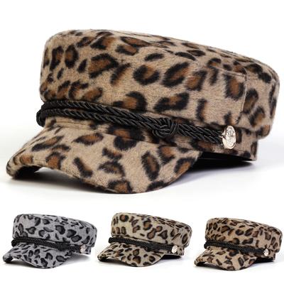 Unisex Plüsch Leopardendruck Marine Kappe Herbst Winter Matrosenmützen Barett Mütze Herren Flache Kappe Kapitän Militärkappen