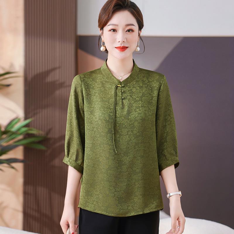 

Mulberry Silk Summer Top, Lightweight & Stylish for Middle-aged and Elderly, Loose Chinese Style Blouse, Perfect for Mom 5XL (recommended 150-165 jin) зелений