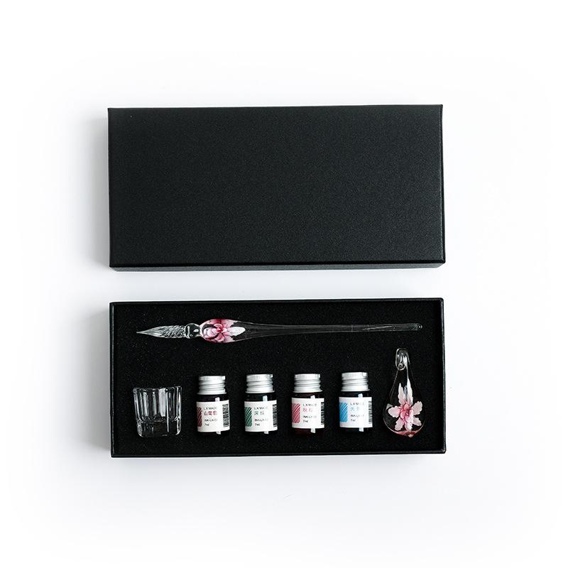 Embedded Flower Glass Pen Set, Colored Dipping Pen, Street Vendor Gift Box, Signature Pen, Glass Pen Gift
