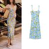 Summer New Product Women's Clothes French Oblique Cut Version Silm Slim Looking Lemon Printing Strap Length Dress
