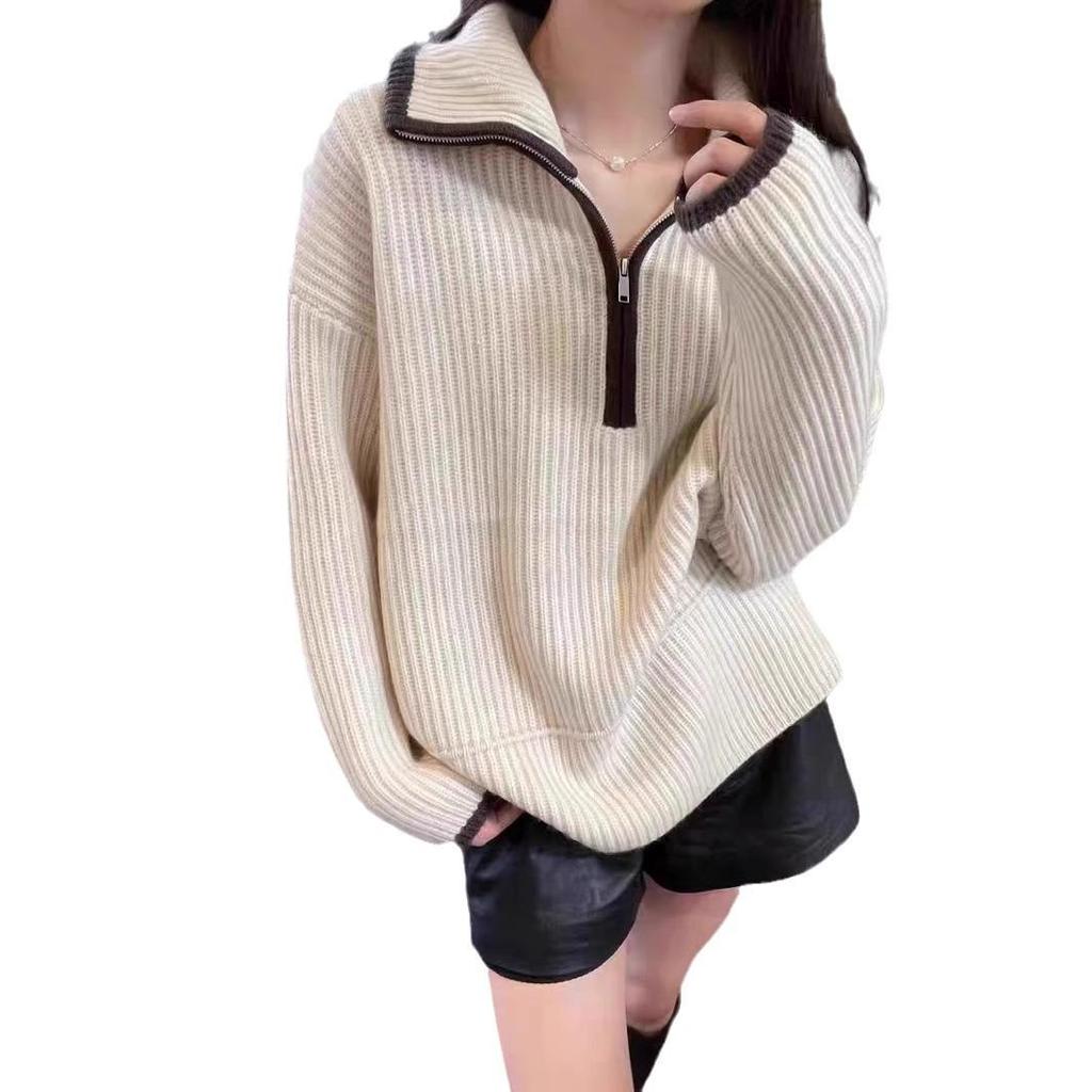 Women's Pure Wool High-Neck Half-Zip Cashmere Sweater - Loose Fit for Autumn/Winter