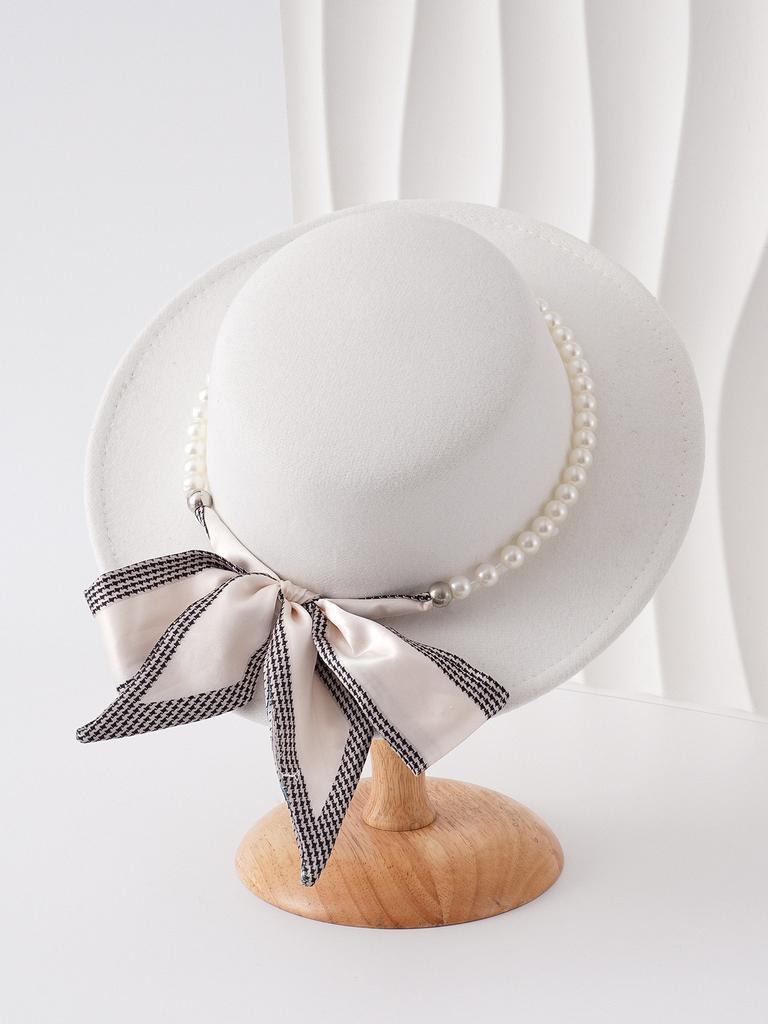 New French Light Luxury Pearl Bow Woolen Flat Top Top Hat Female British Celebrity Top Hat Hepburn Style