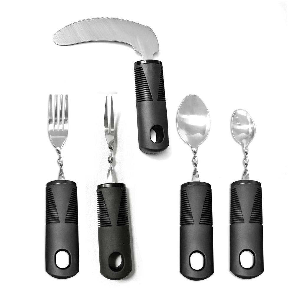 Stainless Steel Adaptive Foldable Utensil Set with Anti-Shake Rubber-Plastic Handle for Elderly Rehabilitation (Knife, Fork, Spoon)