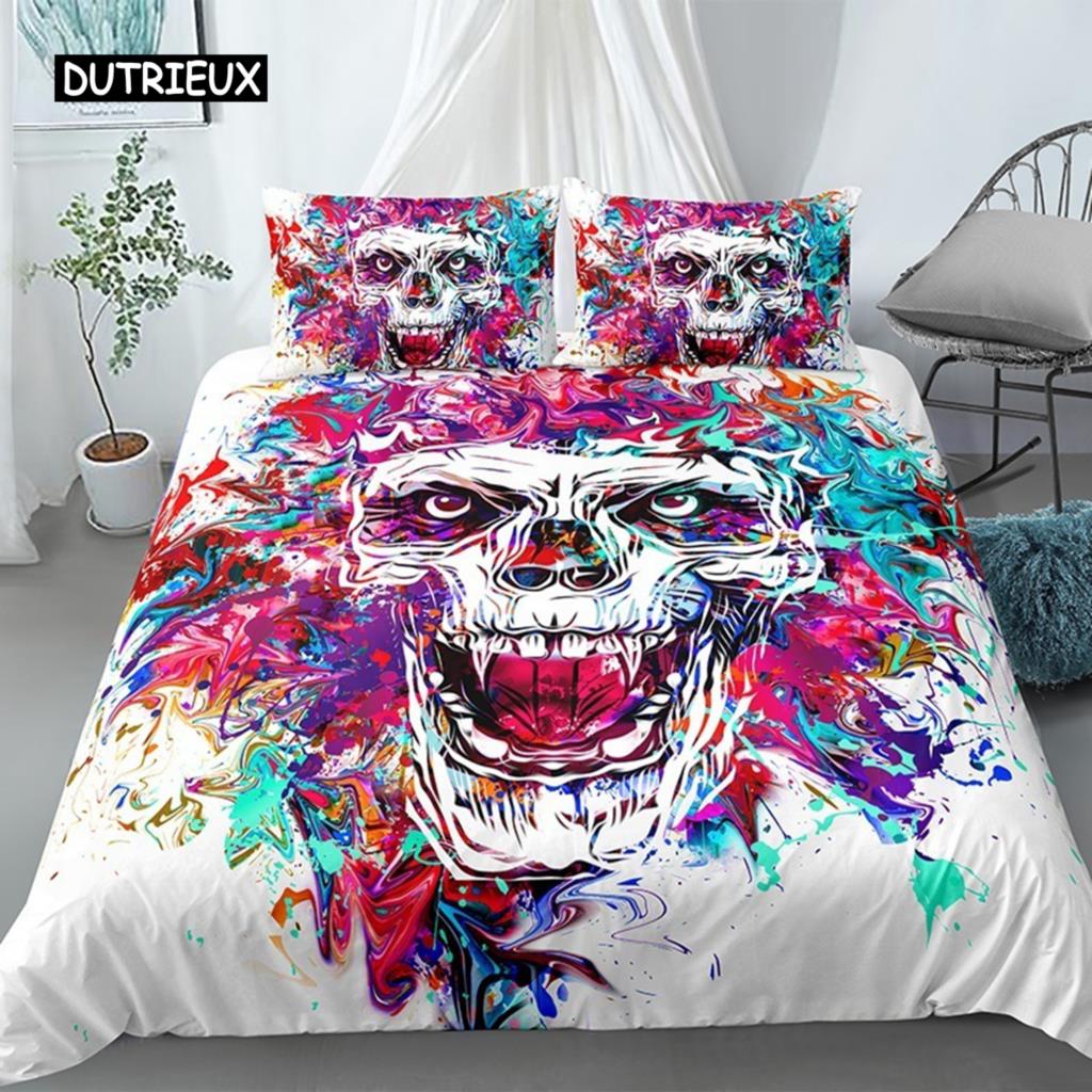 3D Skull Duvet Cover Set Colorful Skull Gothic Watercolor Tie Dye Comforter Cover Microfiber Sugar Skull Queen Size Bedding Set