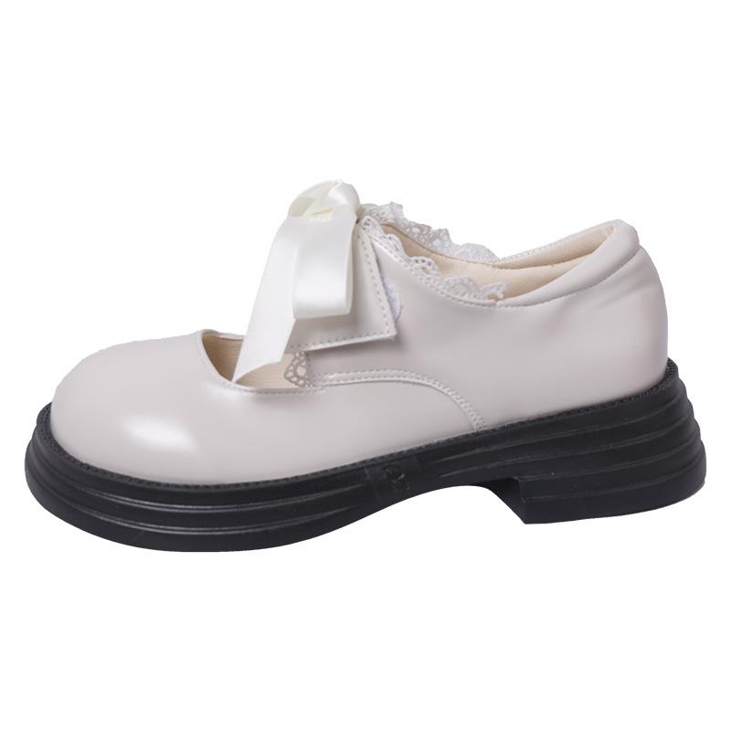 White bow small leather shoes women's summer lace platform Mary Jane round head jk loafers cute light mouth single shoes