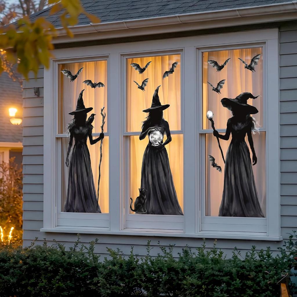 Halloween Window Decor Stickers Witch Window Clings with Witch Black Cat Bat Patterns Gothic Spooky Atmosphere for Glass Window
