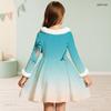 Girls High Neck White Furry Trim Long Sleeve Tropical Leaf Printed Black A Line Flared Dress