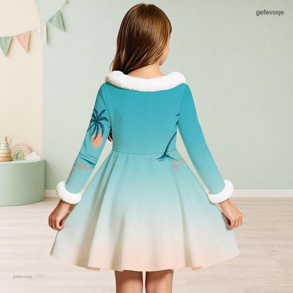 Girls High Neck White Furry Trim Long Sleeve Tropical Leaf Printed Black A Line Flared Dress