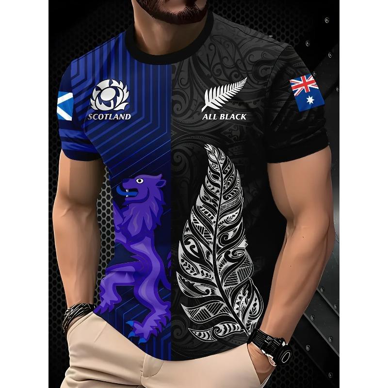 T-shirt Grafica da Uomo a Stampa 3D Integrale - Camicia Fusione Culturale Scozia Nuova Zelanda con Leone Floreale Blu su Entrambi i Lati, Leggera