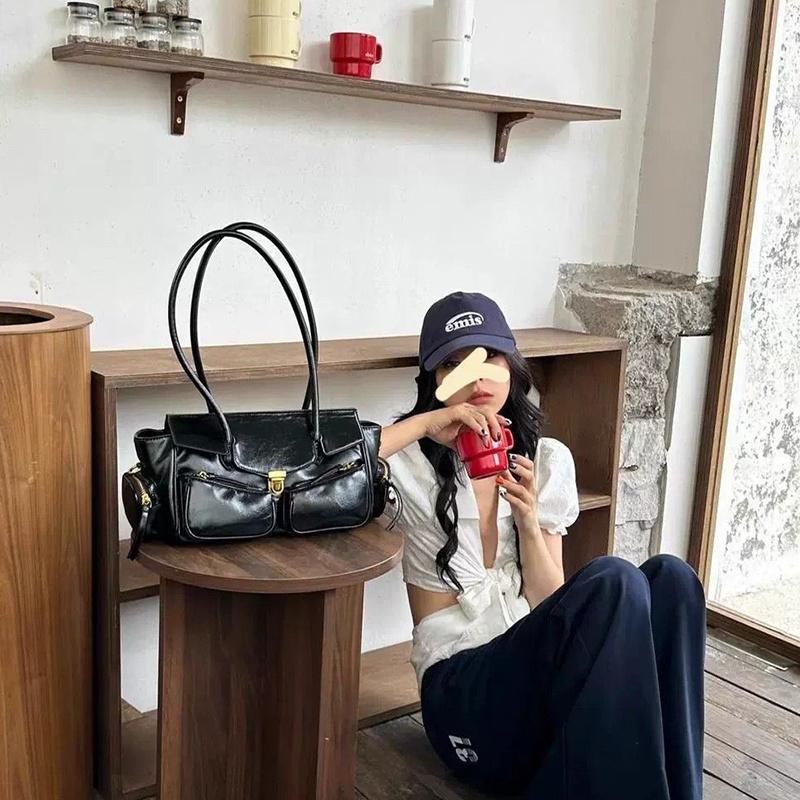 Yogodlns Vintage Unterarmtasche für Mädchen Vielseitige Handtasche Mehrfachtasche Motorradtasche Luxus Designer Handtasche Spaghetti-Träger Ledertasche