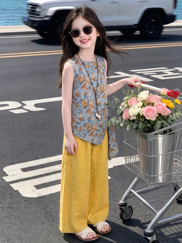 Mädchen-Tanktop mit Blumenmuster, ärmellos, und Hose mit weitem Bein, Set (Sommer 2026) - Stylisches zweiteiliges Set für ältere Kinder