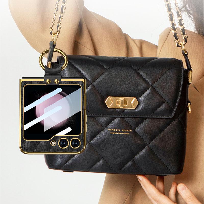 Luxury Leather Plating Ring Holder Case For Samsung Galaxy Z Flip 5 5G Back Screen Glass Hard Cover For Galaxy Z Flip5 Case