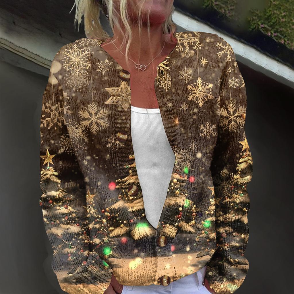 Women's Fashion Christmas Printed Long Sleeve Knitted Cardigan Button Down Jacket