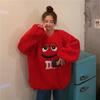 Women's Fleece Hoodie Winter Korean Loose Oversized Lazy BF Style Cartoon M Face Embroidery Thick Warm Lamb Fleece Round Neck Sweatshirt Coat