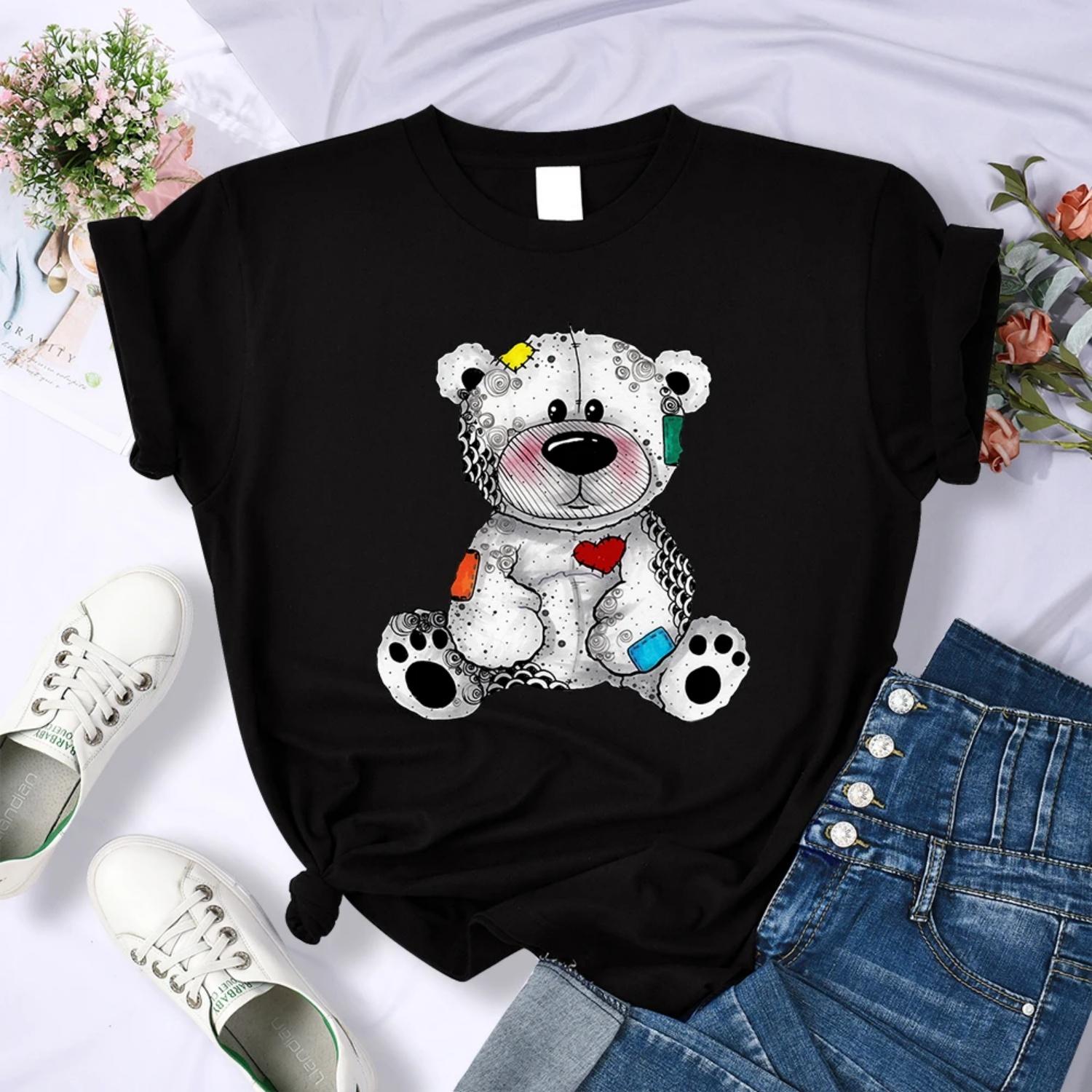 

Y2K Retro Metal Teddy Bear Print Women Tshirts Casual Quality Tee Clothing Breathable Brand Tee Shirtfashion Cool Soft Crop Top S чёрный