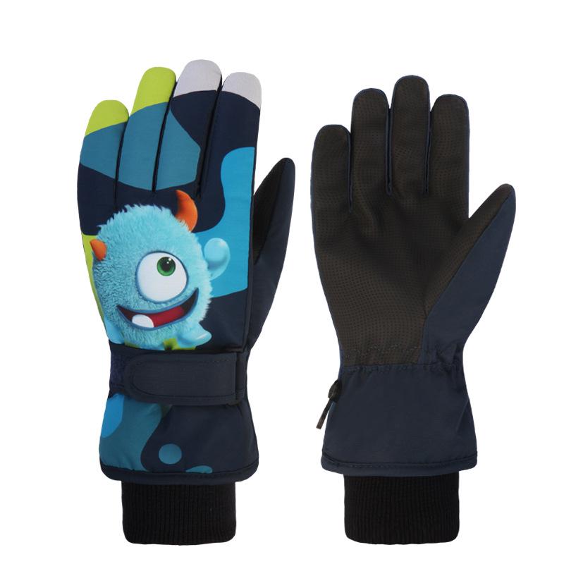 Yirenxing Kids' Winter Ski Gloves: Warm, Thickened, Waterproof, Cute Cartoon Design, Five-Finger Style for Boys and Girls.