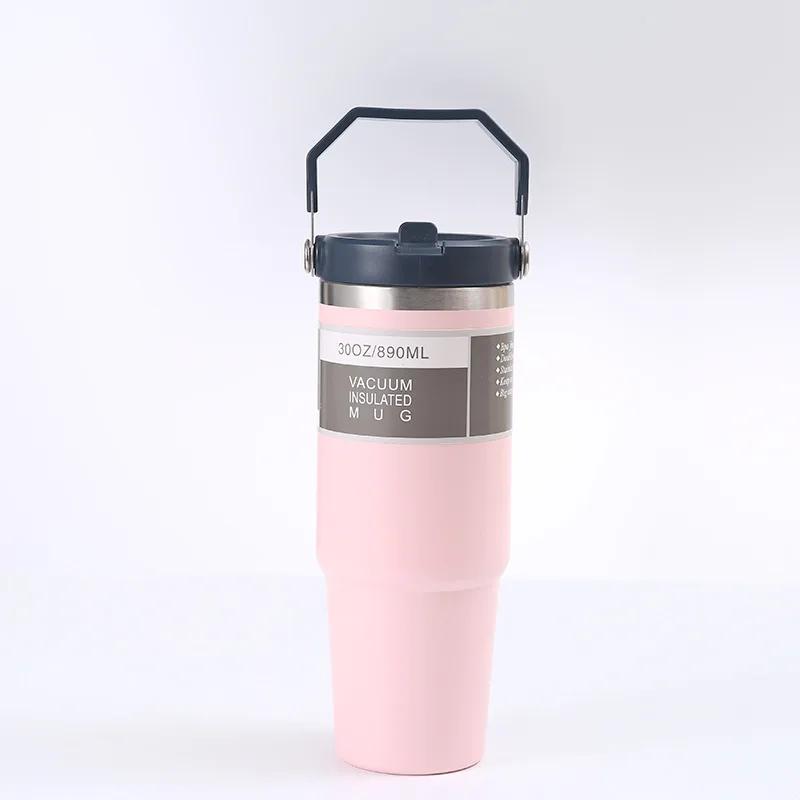 Portable Car Cup Stainless Steel Thermos Cup with Straw & Handle Double Walled Travel Sports Water Bottle Coffee Vacuum Flask