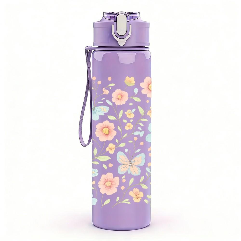 1PC Soft Pastel Mixed Small Floral Pattern Print 750ml Color Plastic Sports Water Bottle Leakproof Flip Straw Lid Suitable for Sports Office Home Use