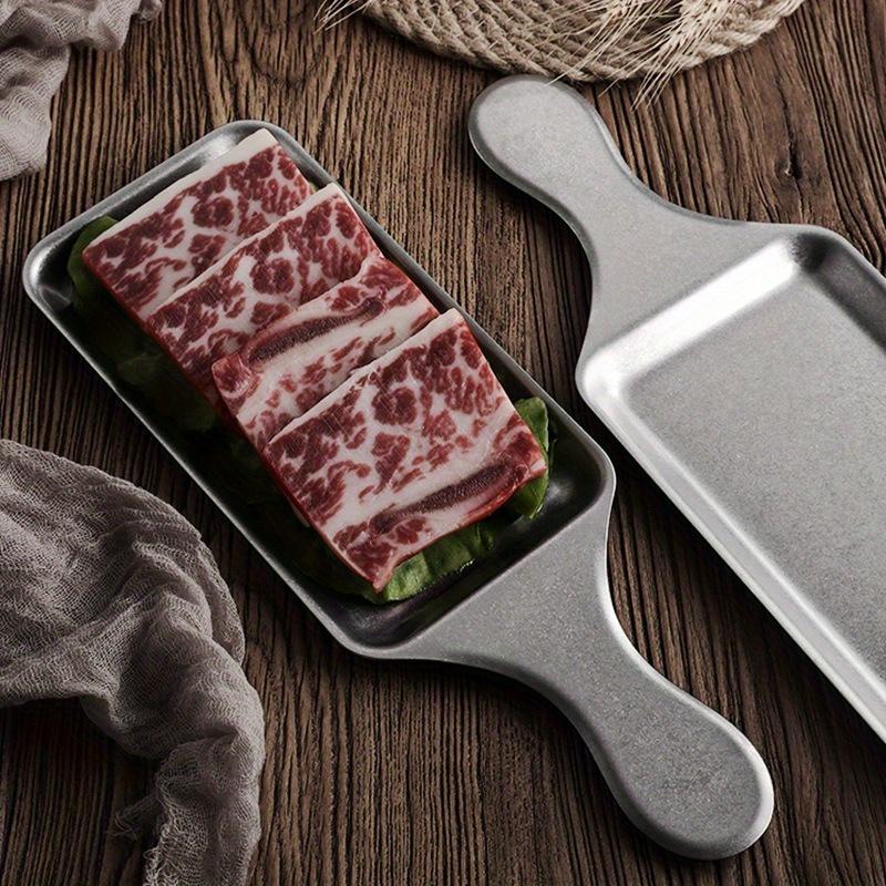 Stainless Steel Rectangular Plate with Handle Made Old Meat Plate Western Food Steak Sushi Plate Flat Bottom Tray