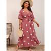 Modne Sukienki Długie z Nadrukiem w Duże Kropki, z Dekoltem w Serek i Wiązaniem, Plisowane, z Dużym Rozkloszowanym Dołem