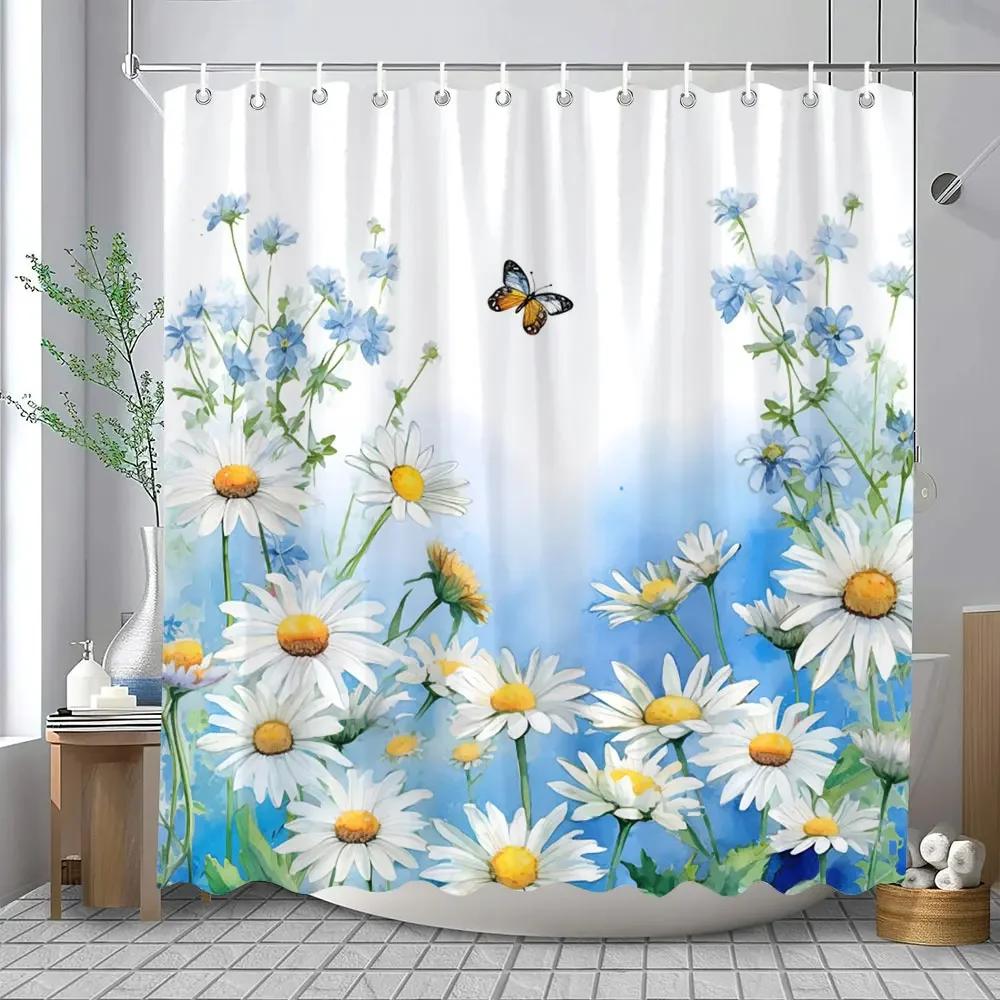 Květinová sprchová závěs Květinová látka Sprchové závěsy pro rustikální vintage koupelnový dekor Koupelnové závěsy Akvarelový šik Cosmos