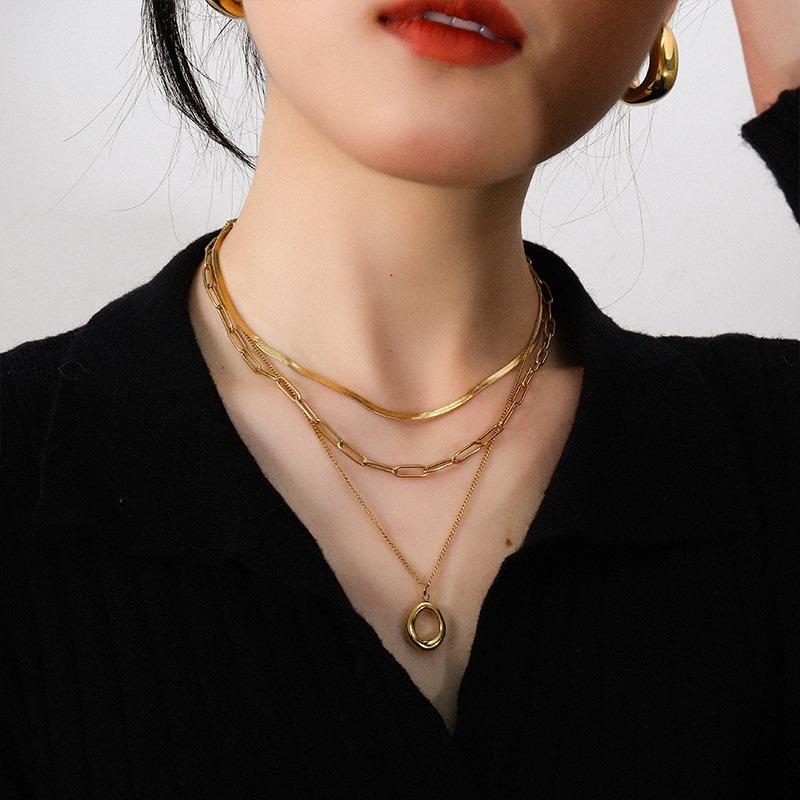Women Layered Geometric Oval Pendant Stainless Steel Clavicle Necklace