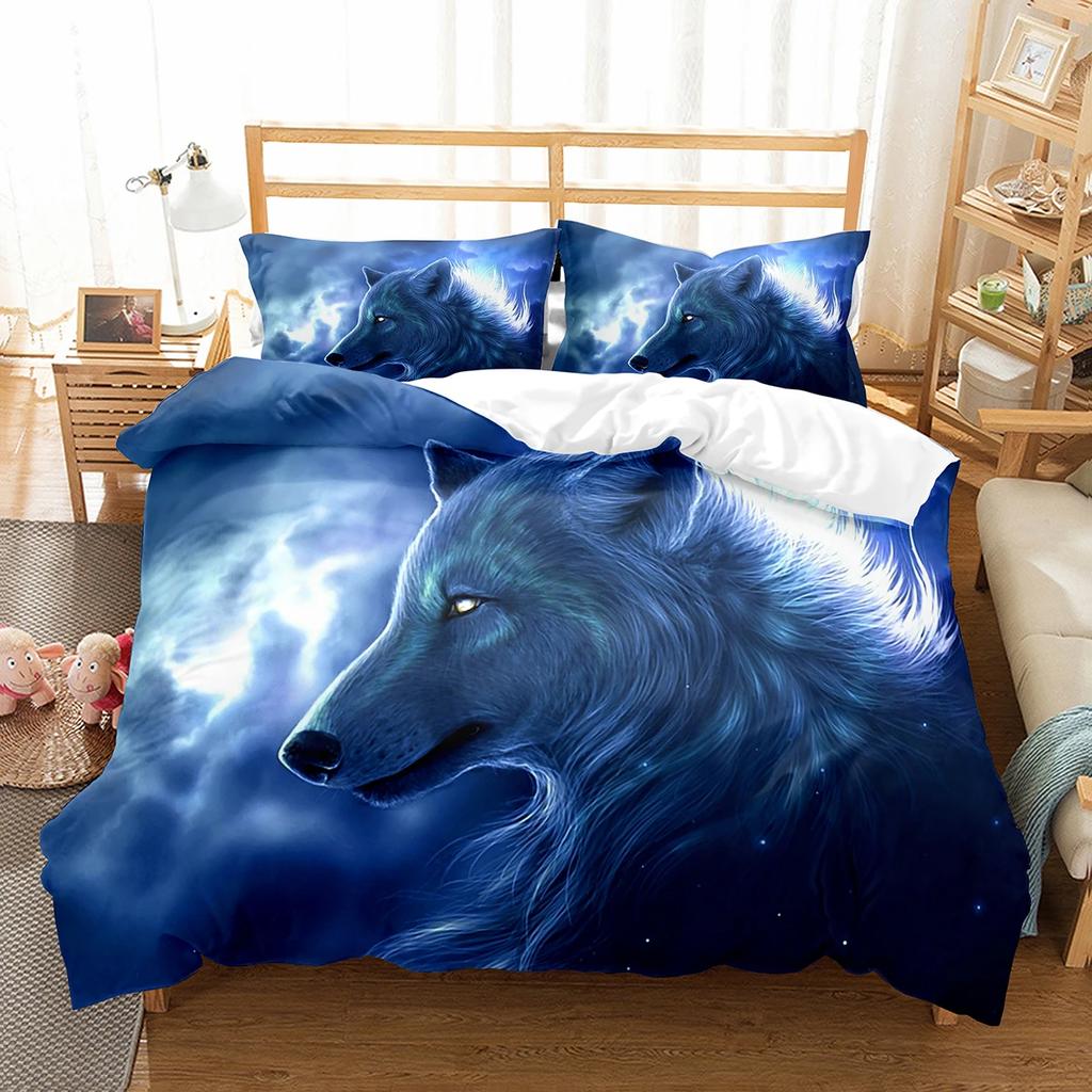 Boys Wolf Duvet Cover Set Queen Size, Boho Wolf Wildlife Forest King Animal Bedding Set Polyester Quilt Cover With Pillowcase