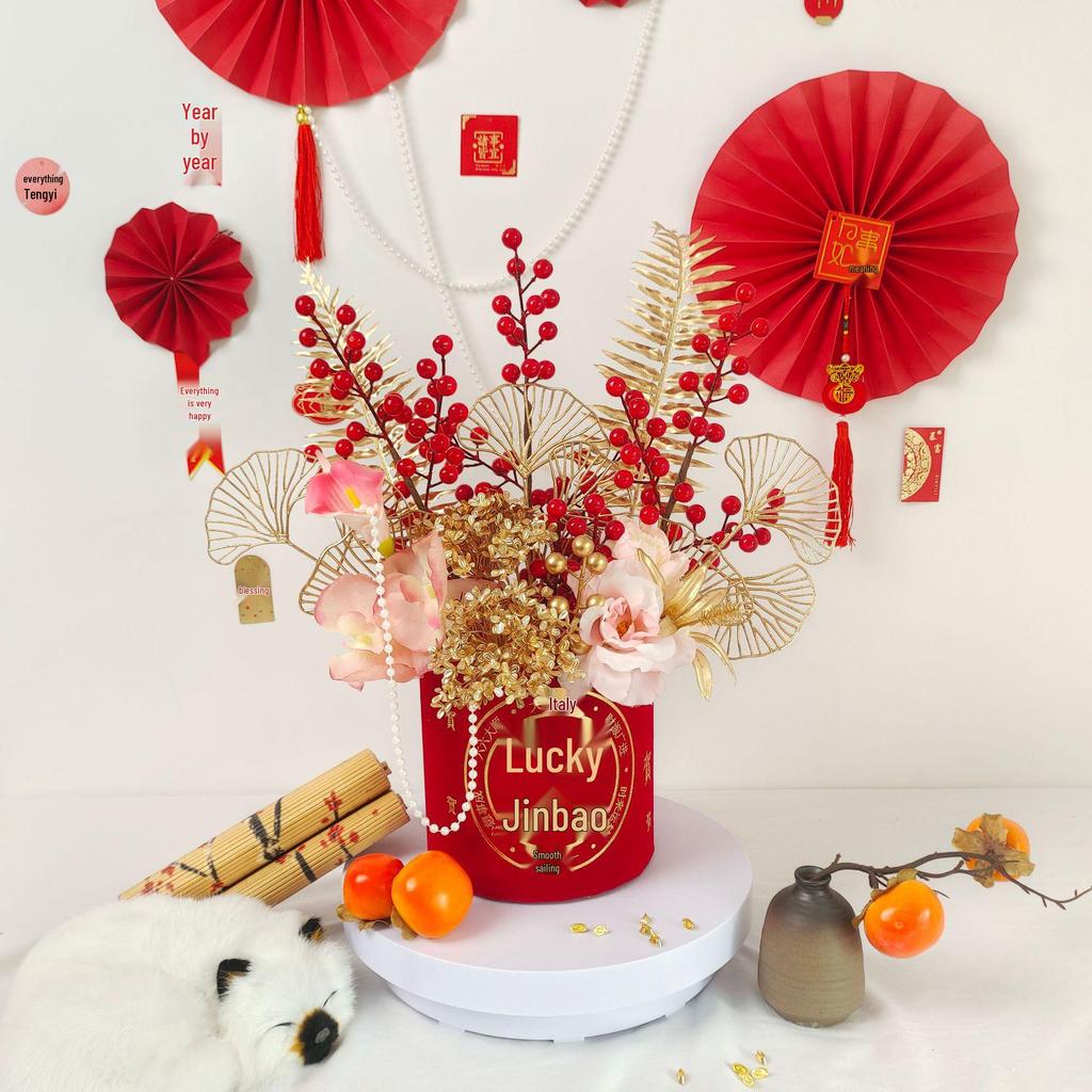 Fortune Bucket New Year Decoration Set - Festive Ornaments for Bedroom and Living Room with Flowers and Fu Character.