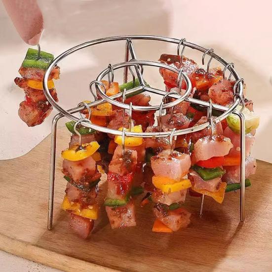 Stojan na špízy pro horkovzdušnou fritézu, grilovací rošt se 48 špízy, kulatý nerezový vertikální stojan na masové špízy, příslušenství pro horkovzdušnou fritézu