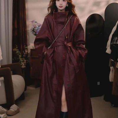 2025 Elegant Women's Long Leather Windbreaker Coat - Fashionable Retro Style for Autumn/Winter