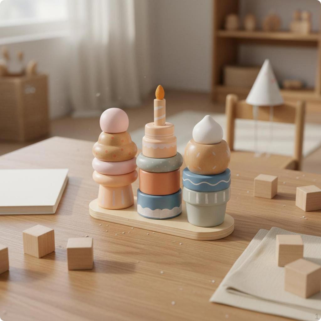 Wooden Dessert Stacker Stackable Ice Cream Toy Colorful Pretend Cake for Kids, Home,