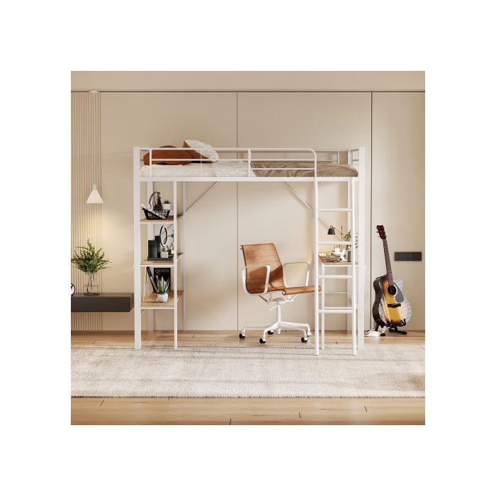 Lit mezzanine - MUVOE - 90x200 cm - Métal blanc - Bureau intégré - 3 étagères