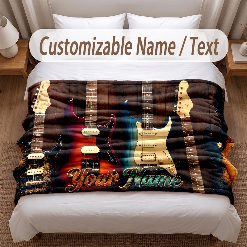 Music Guitar Theme Soft Blanket Personalized Custom Name Text Print Warm Blanket Home Sofa Bedroom Decor