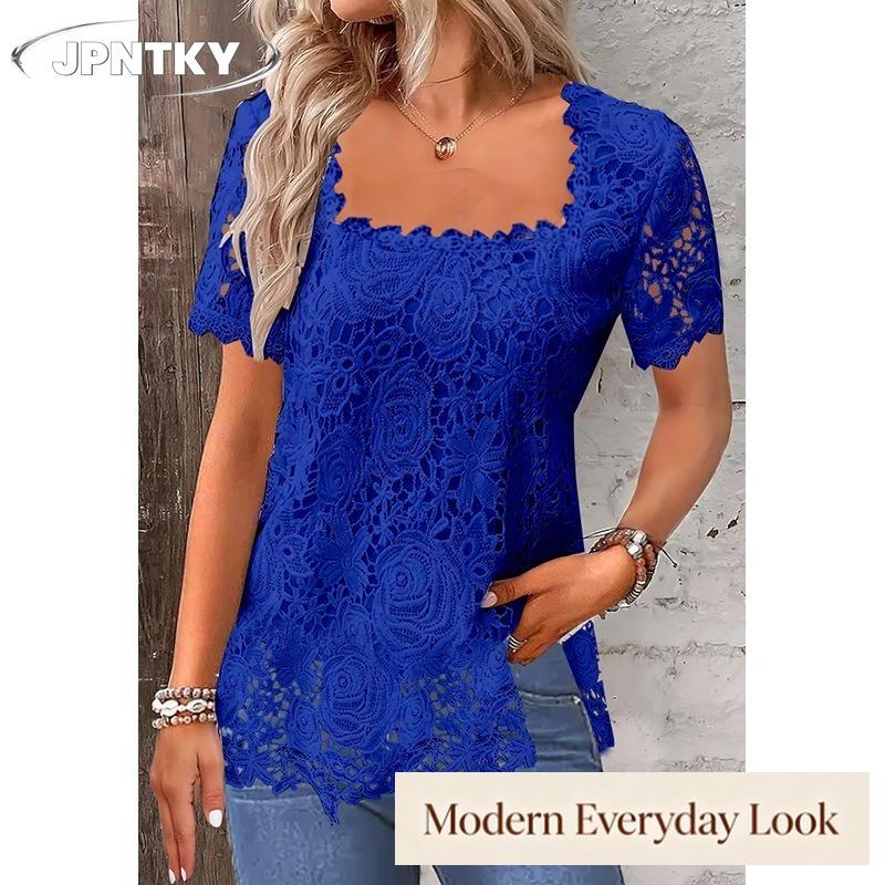 JPNTKY Women's Fashion Casual Solid Color Print Short Sleeve Square Collar Blouses & Shirts